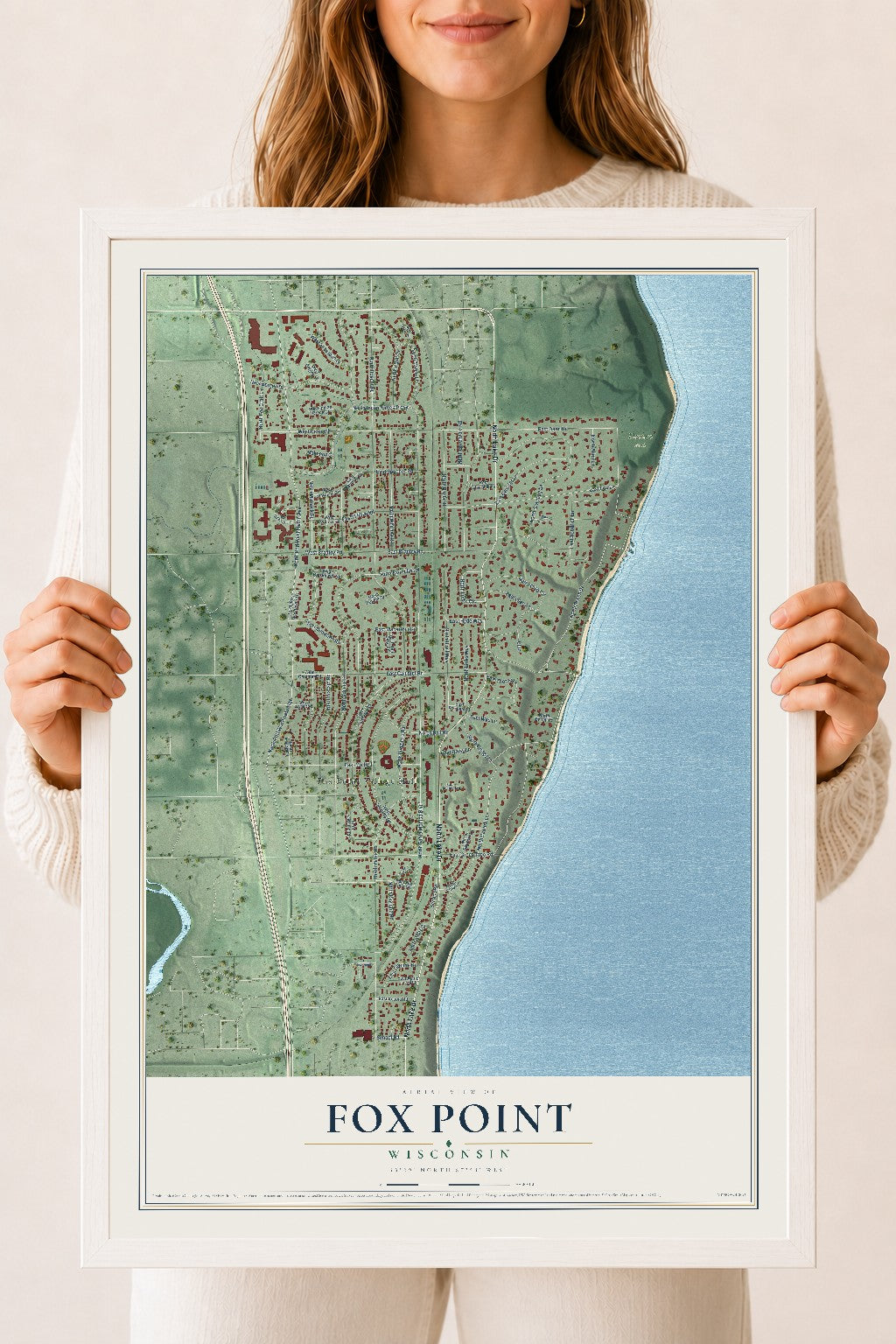 Map of Fox Point, Wisconsin, 18 x 24 inch print in a white wood frame