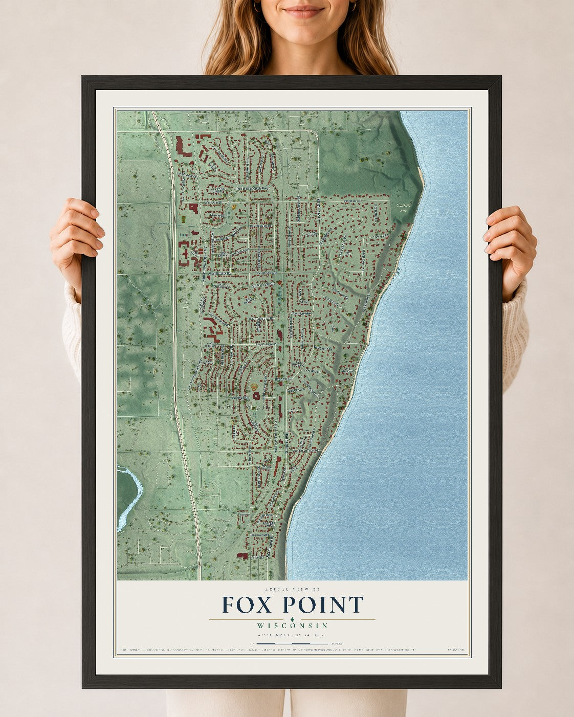 Map of Fox Point, Wisconsin, 24 x 36 inch print in a black wood frame