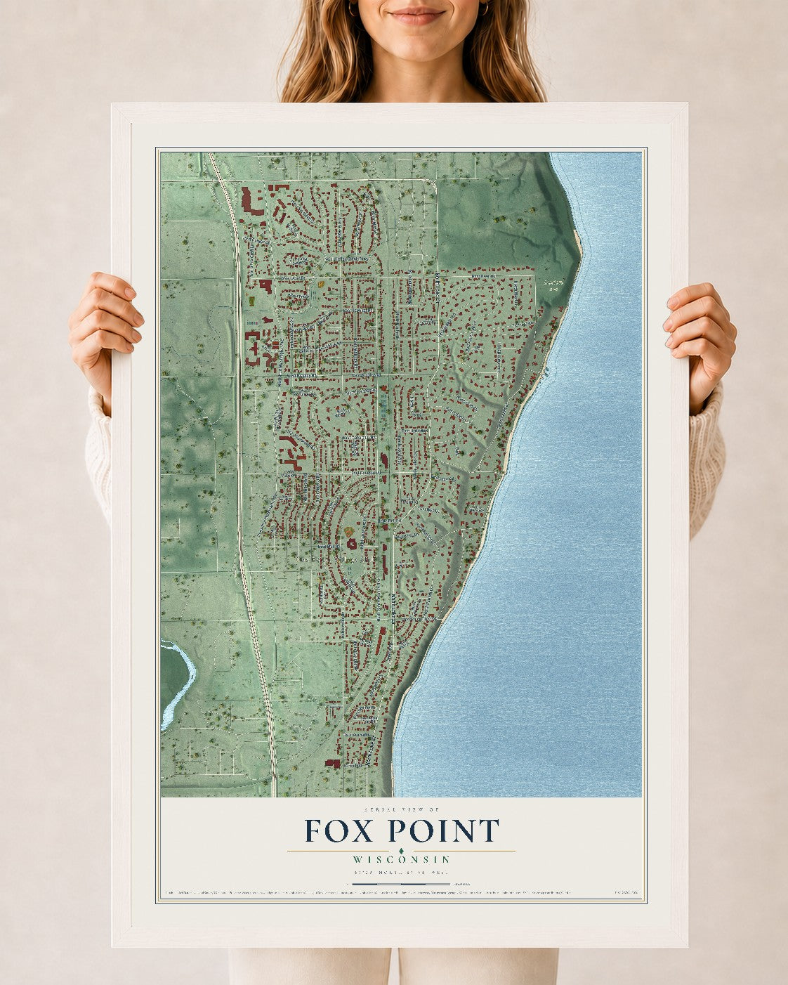 Map of Fox Point, Wisconsin, 24 x 36 inch print in a white wood frame