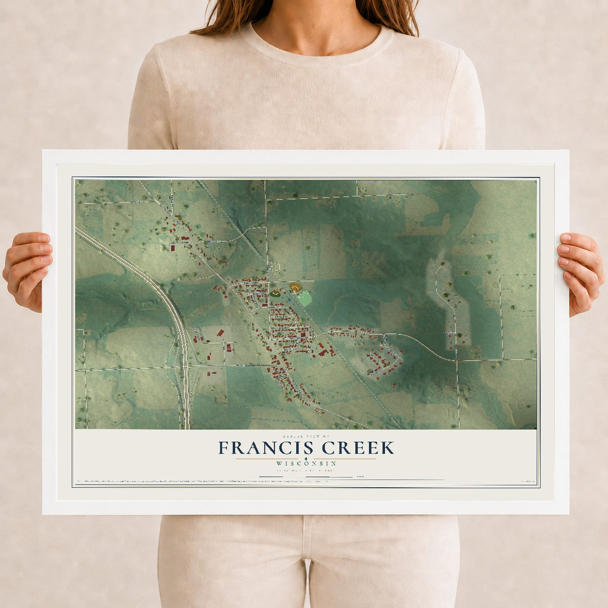 Map of Francis Creek, Wisconsin, 12 x 18 inch print in a white wood frame