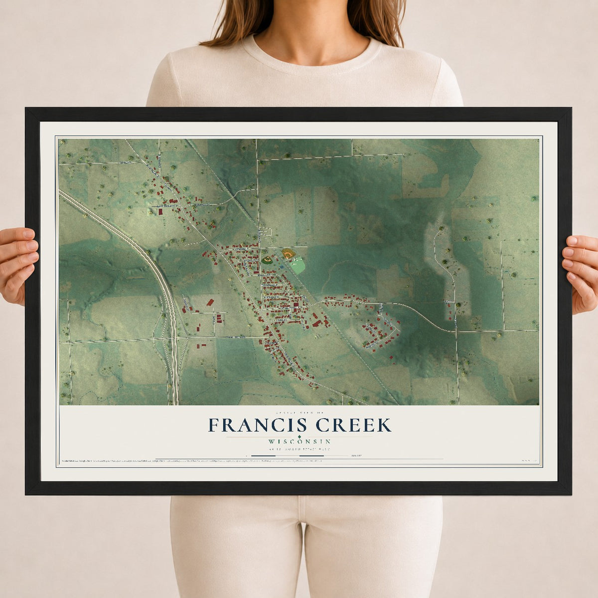 Map of Francis Creek, Wisconsin, 18 x 24 inch print in a black wood frame