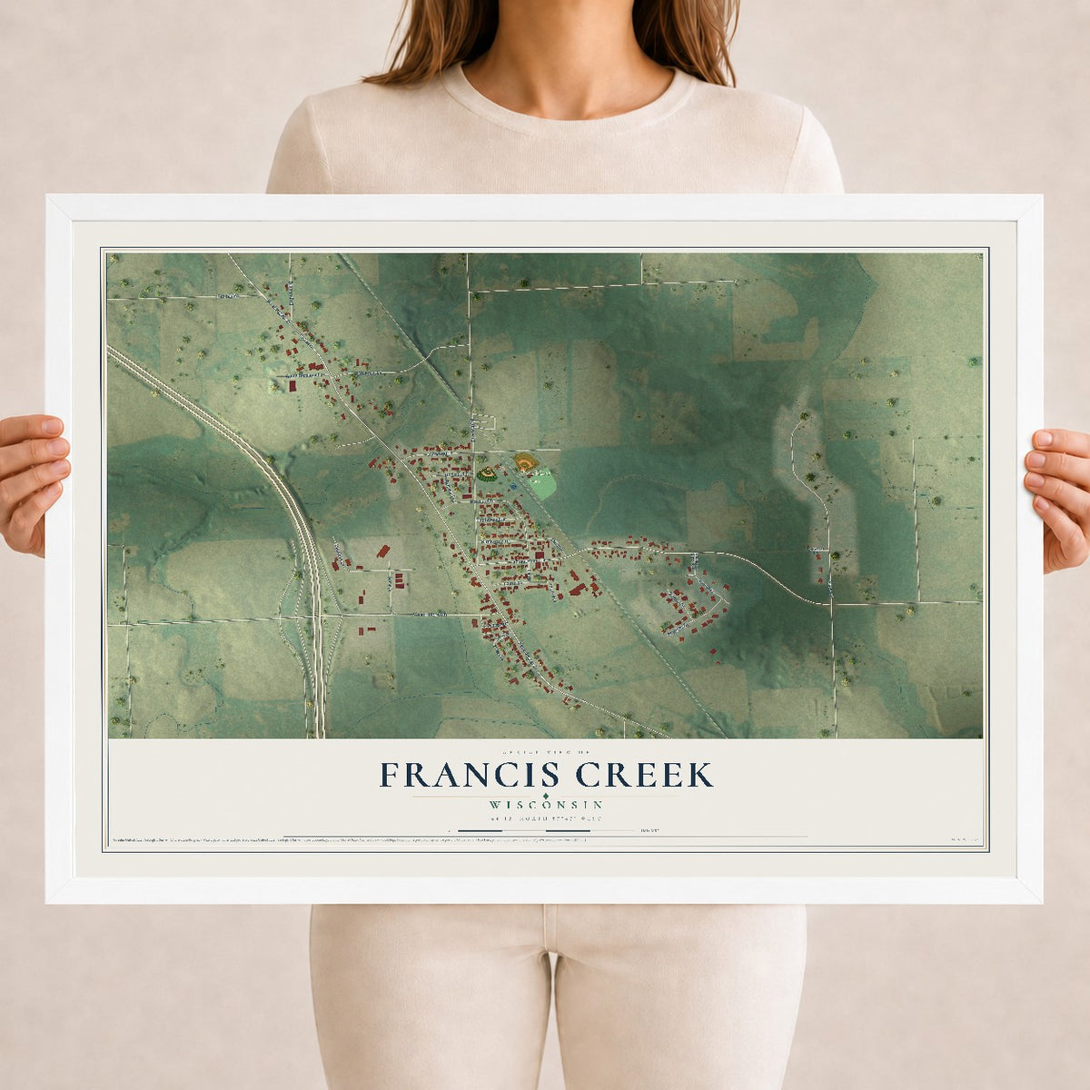 Map of Francis Creek, Wisconsin, 18 x 24 inch print in a white wood frame