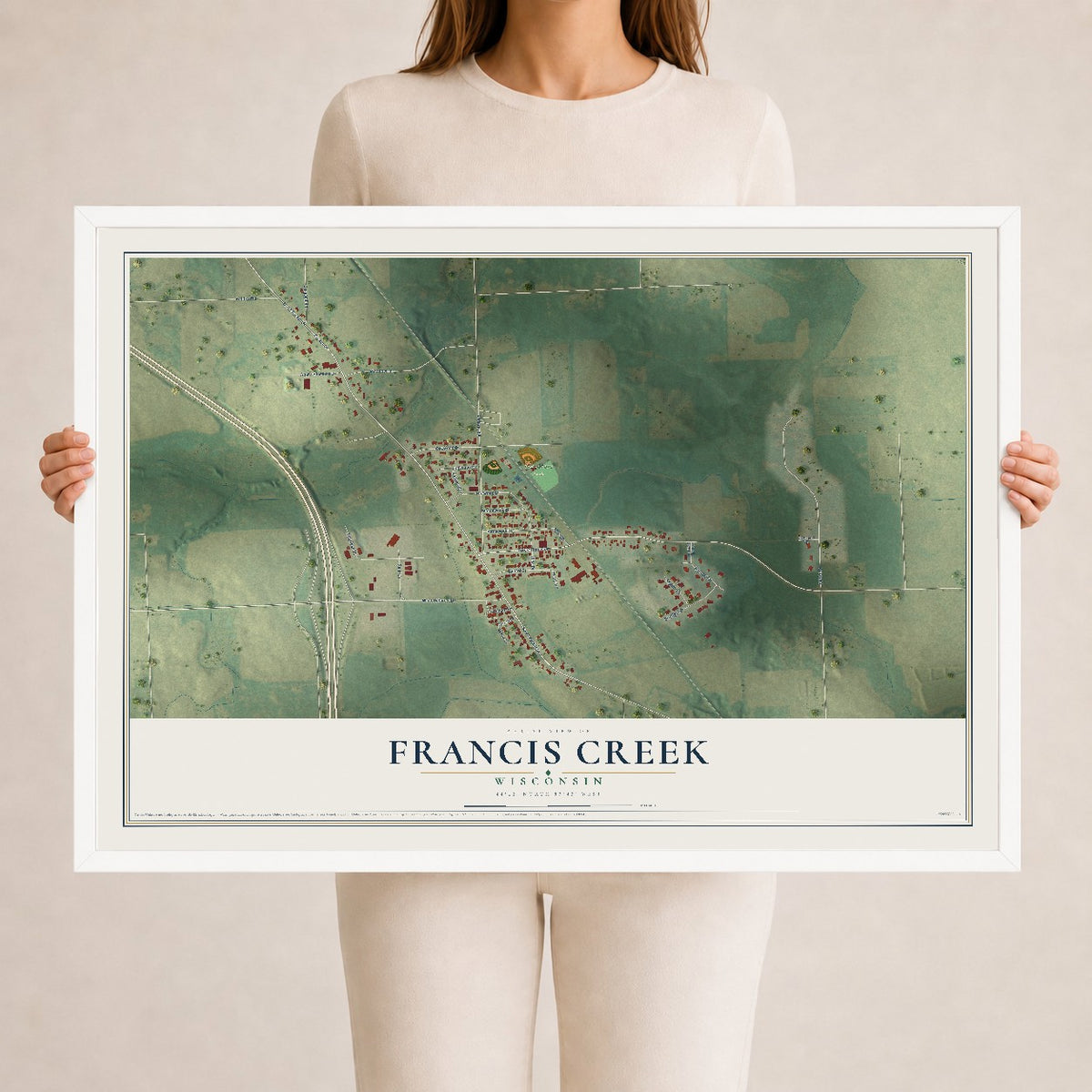 Map of Francis Creek, Wisconsin, 24 x 36 inch print in a white wood frame