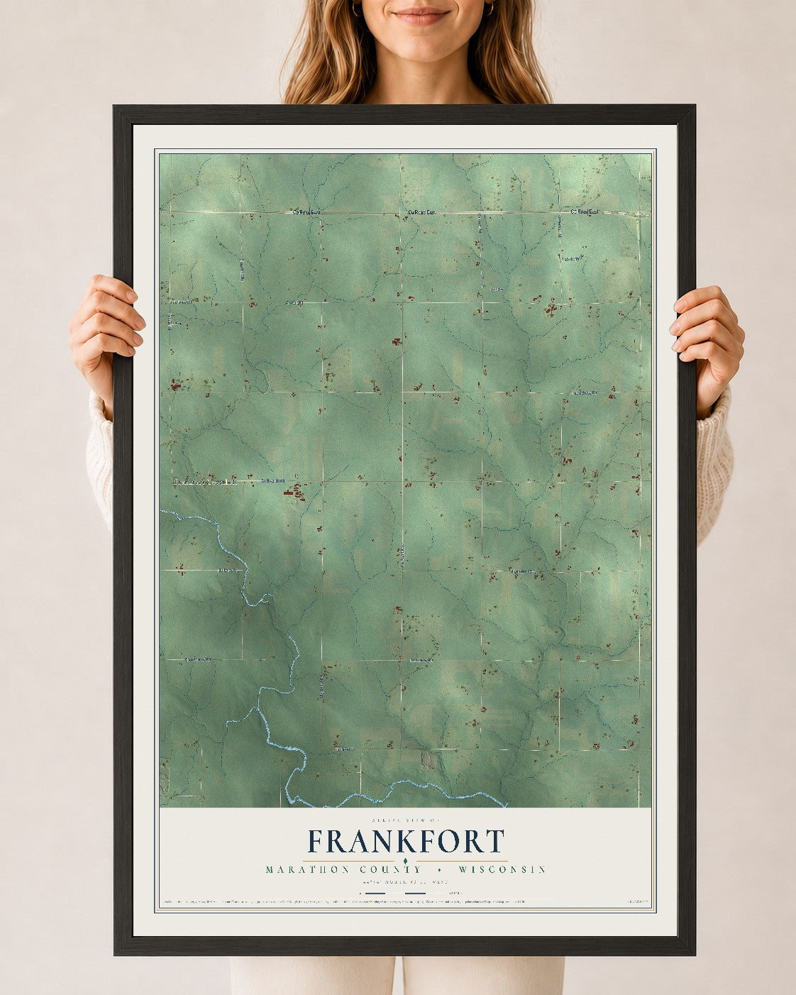 Map of Frankfort, Marathon County, Wisconsin, 24 x 36 inch print in a black wood frame
