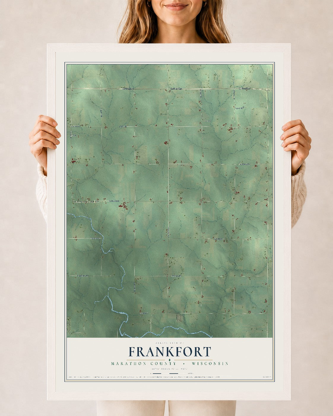 Map of Frankfort, Marathon County, Wisconsin, 24 x 36 inch print in a white wood frame