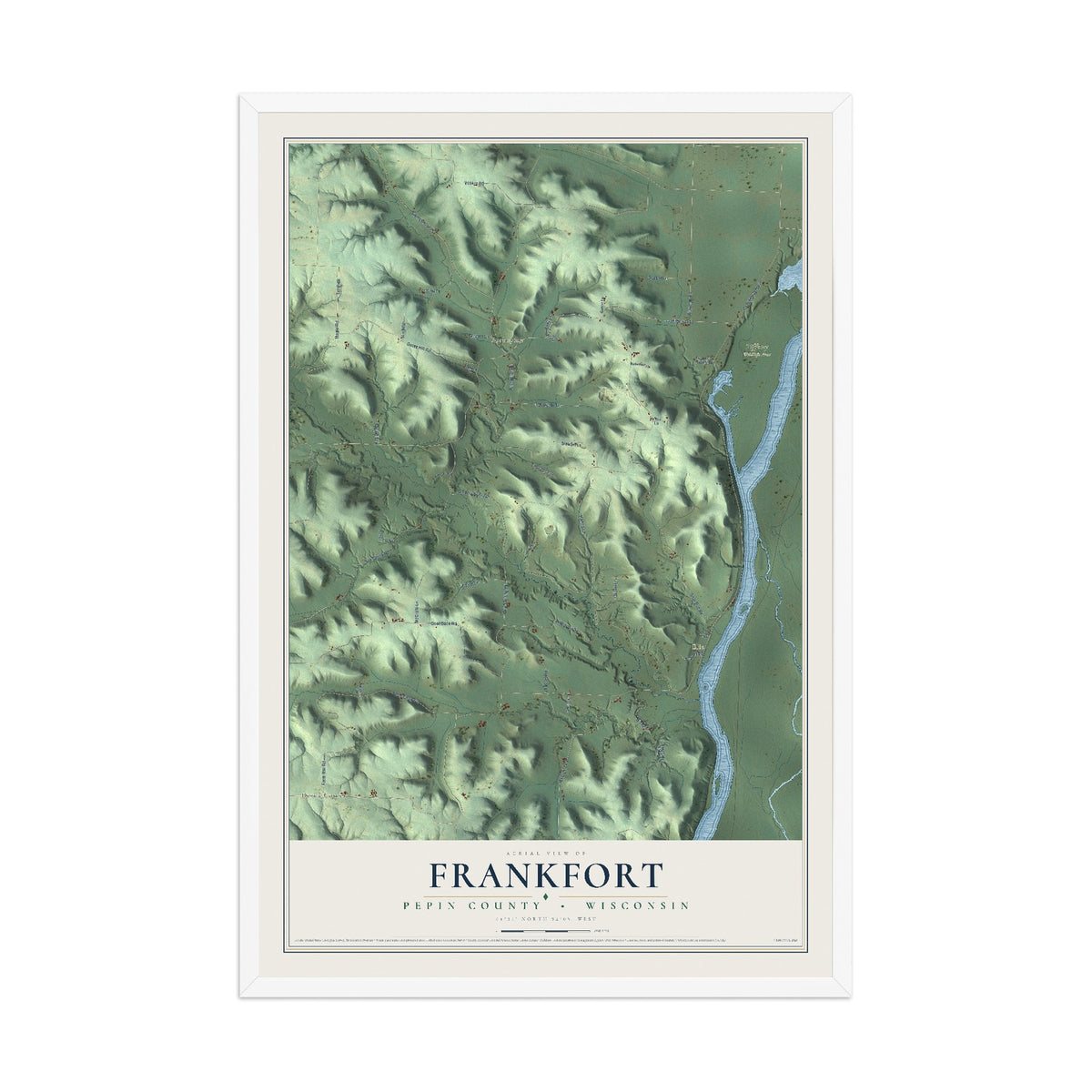 Map of Frankfort, Pepin County, Wisconsin, 12 x 18 inch print in a white wood frame