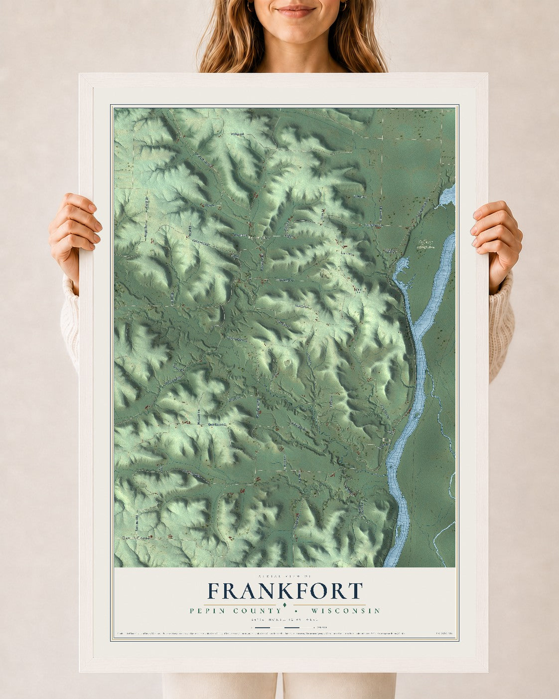 Map of Frankfort, Pepin County, Wisconsin, 24 x 36 inch print in a white wood frame