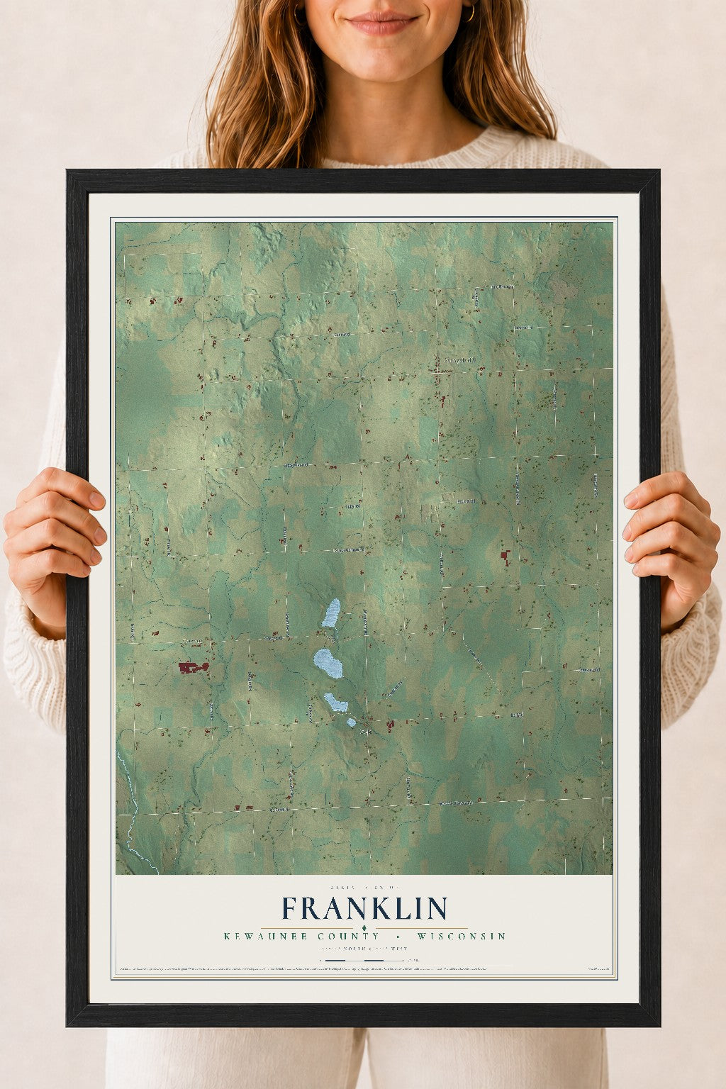 Map of Franklin, Kewaunee County, Wisconsin, 18 x 24 inch print in a black wood frame