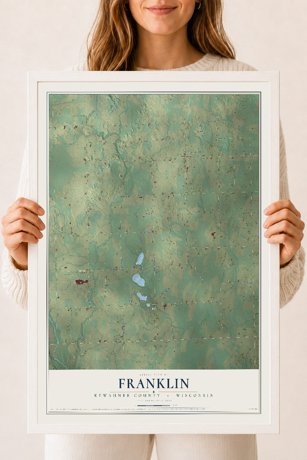 Map of Franklin, Kewaunee County, Wisconsin, 18 x 24 inch print in a white wood frame