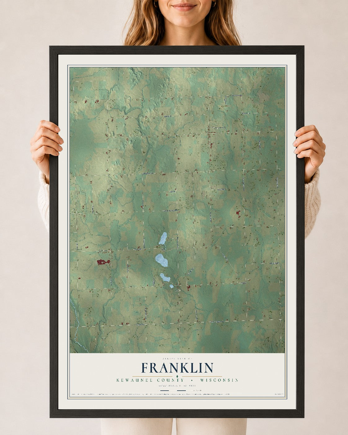 Map of Franklin, Kewaunee County, Wisconsin, 24 x 36 inch print in a black wood frame