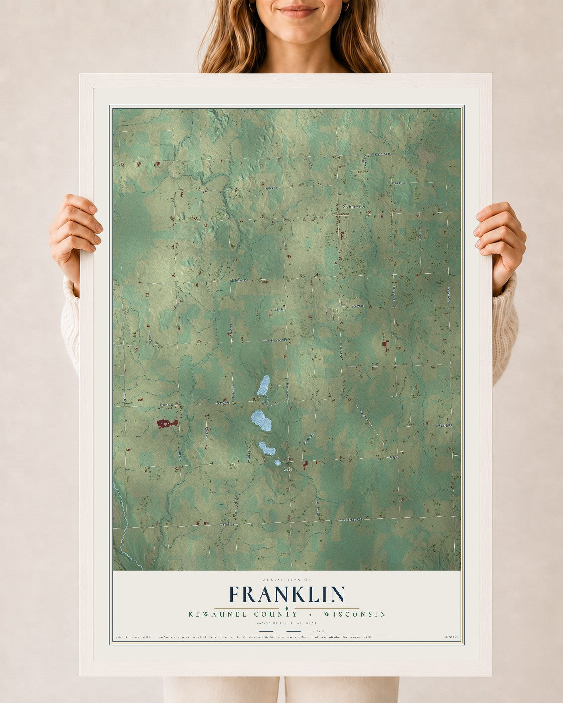 Map of Franklin, Kewaunee County, Wisconsin, 24 x 36 inch print in a white wood frame