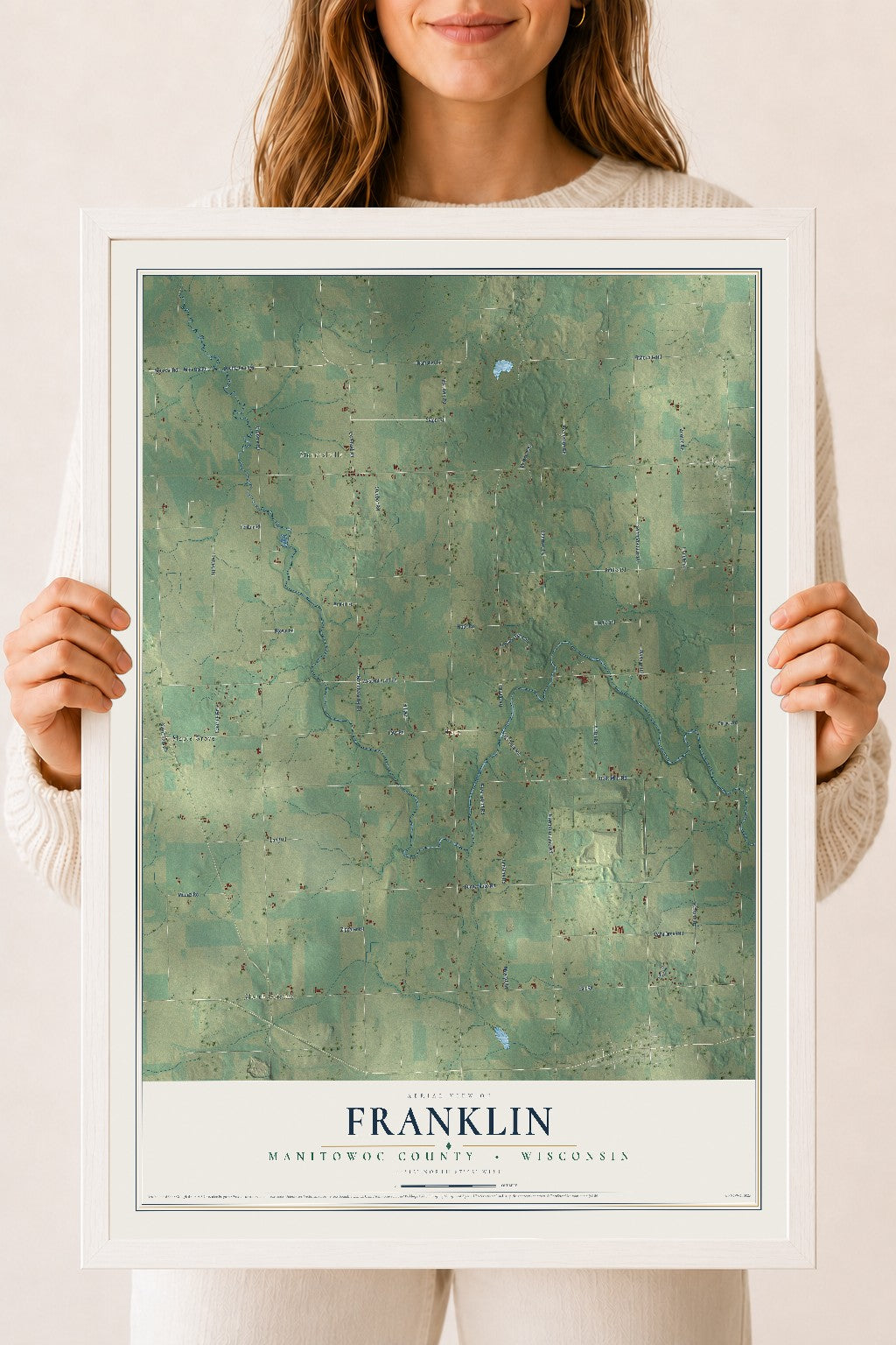 Map of Franklin, Manitowoc County, Wisconsin, 18 x 24 inch print in a white wood frame