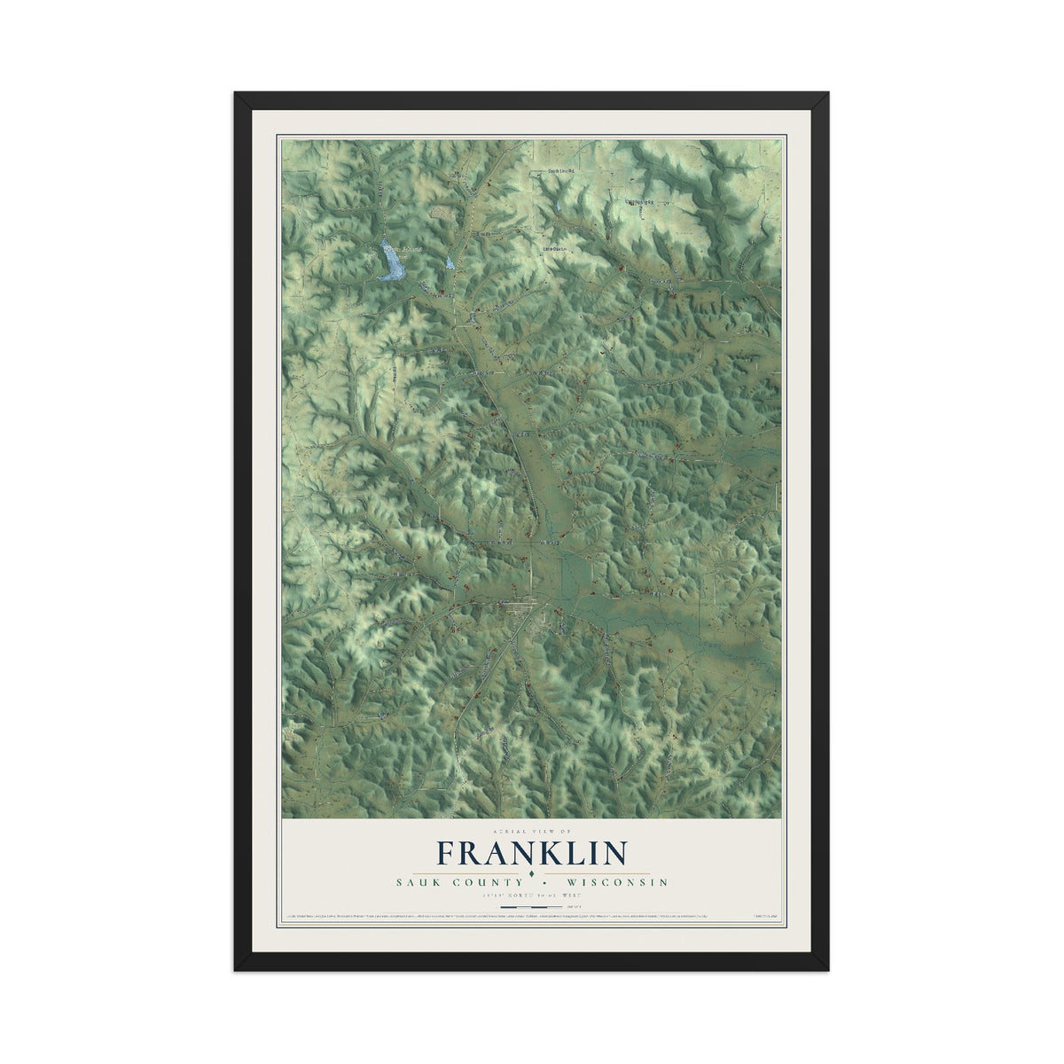 Map of Franklin, Sauk County, Wisconsin, 12 x 18 inch print in a black wood frame