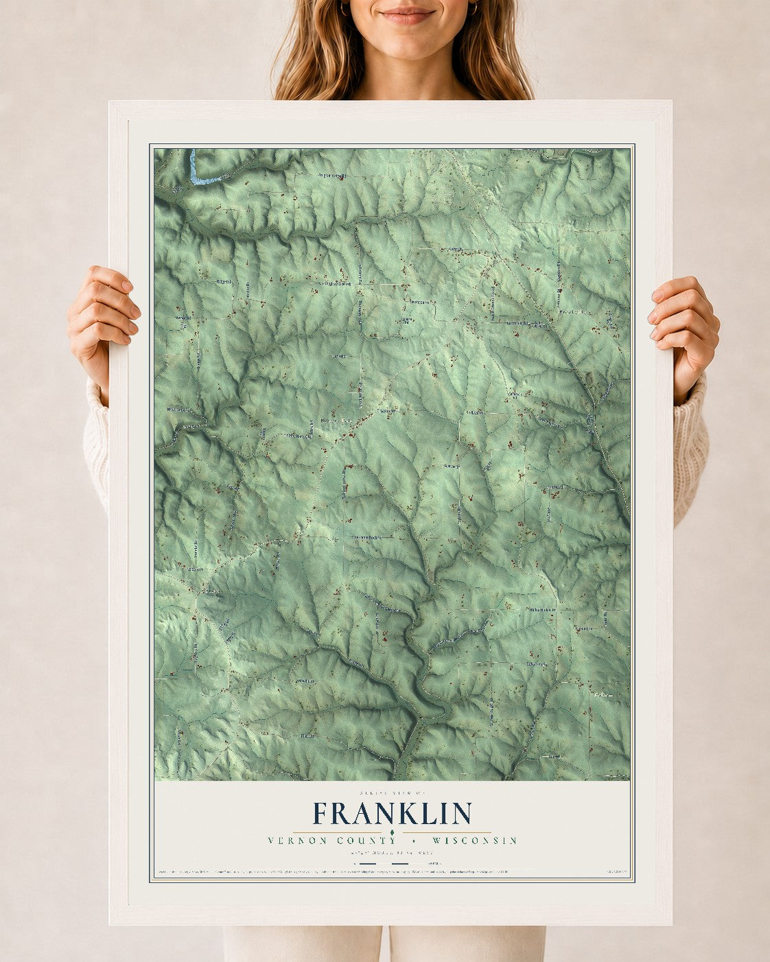 Map of Franklin, Vernon County, Wisconsin, 24 x 36 inch print in a white wood frame