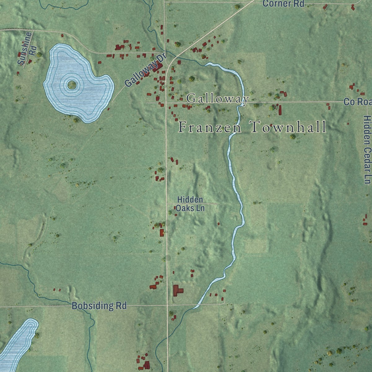 Close-up of the map of Franzen, Wisconsin print showing street and building detail