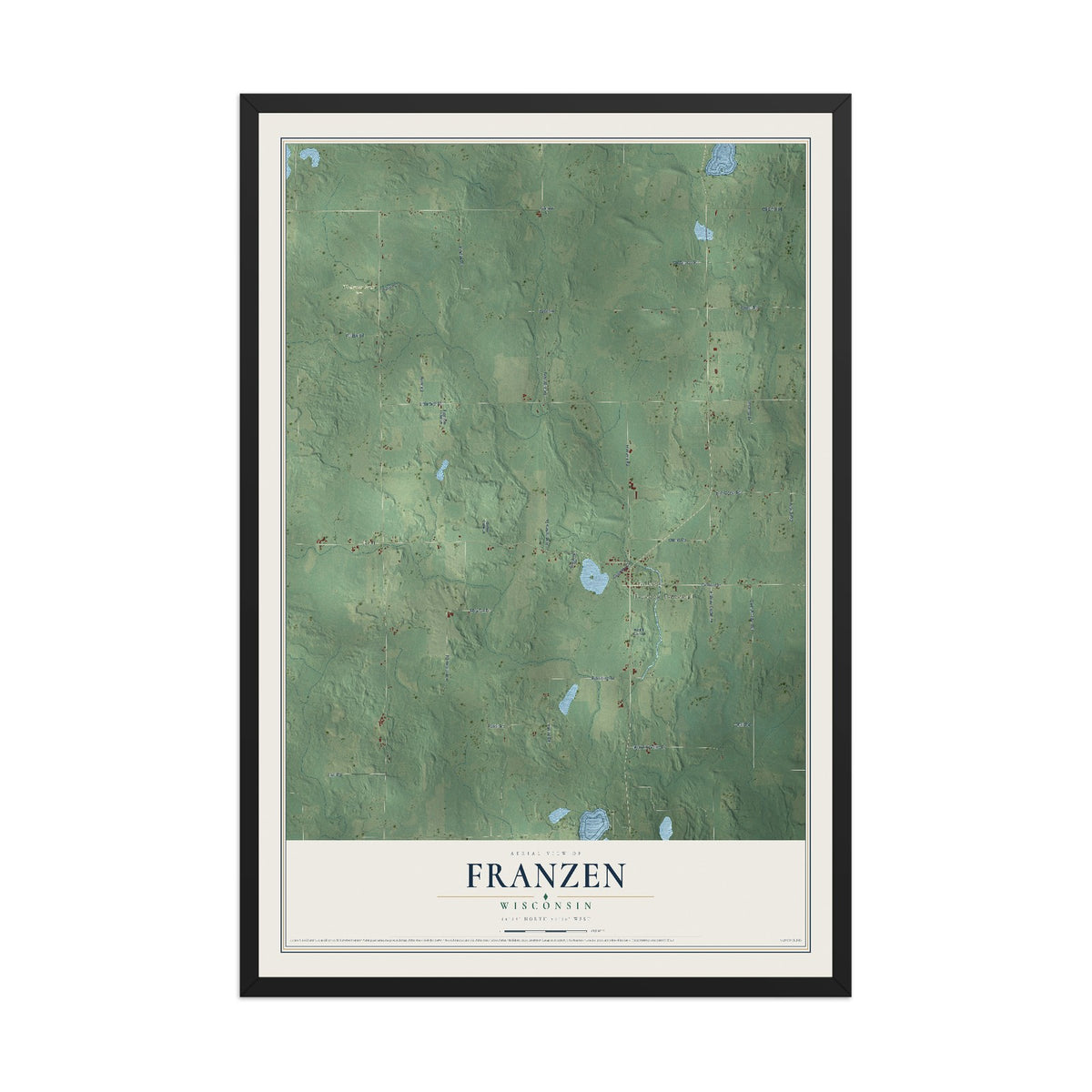 Map of Franzen, Wisconsin, 12 x 18 inch print in a black wood frame