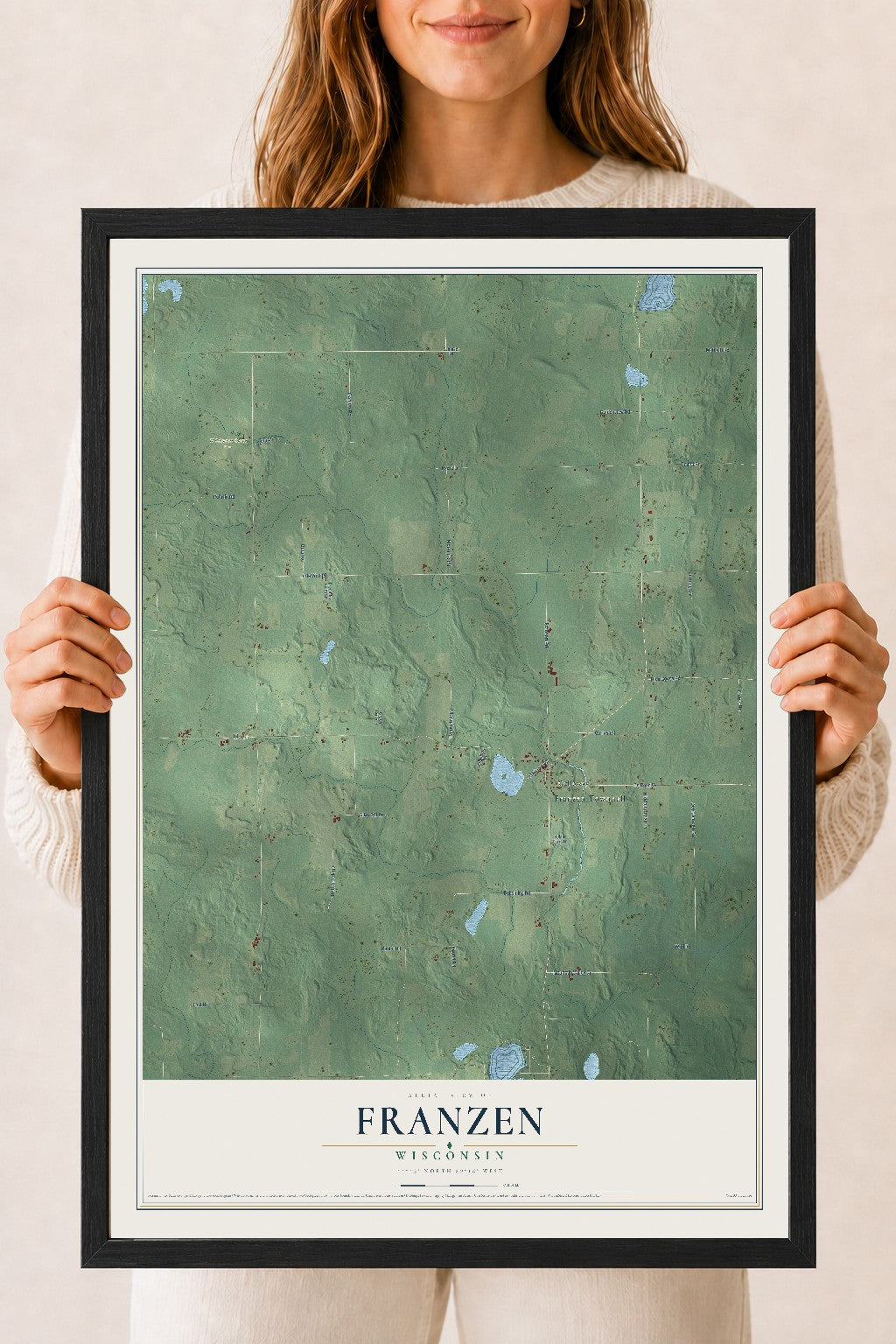 Map of Franzen, Wisconsin, 18 x 24 inch print in a black wood frame