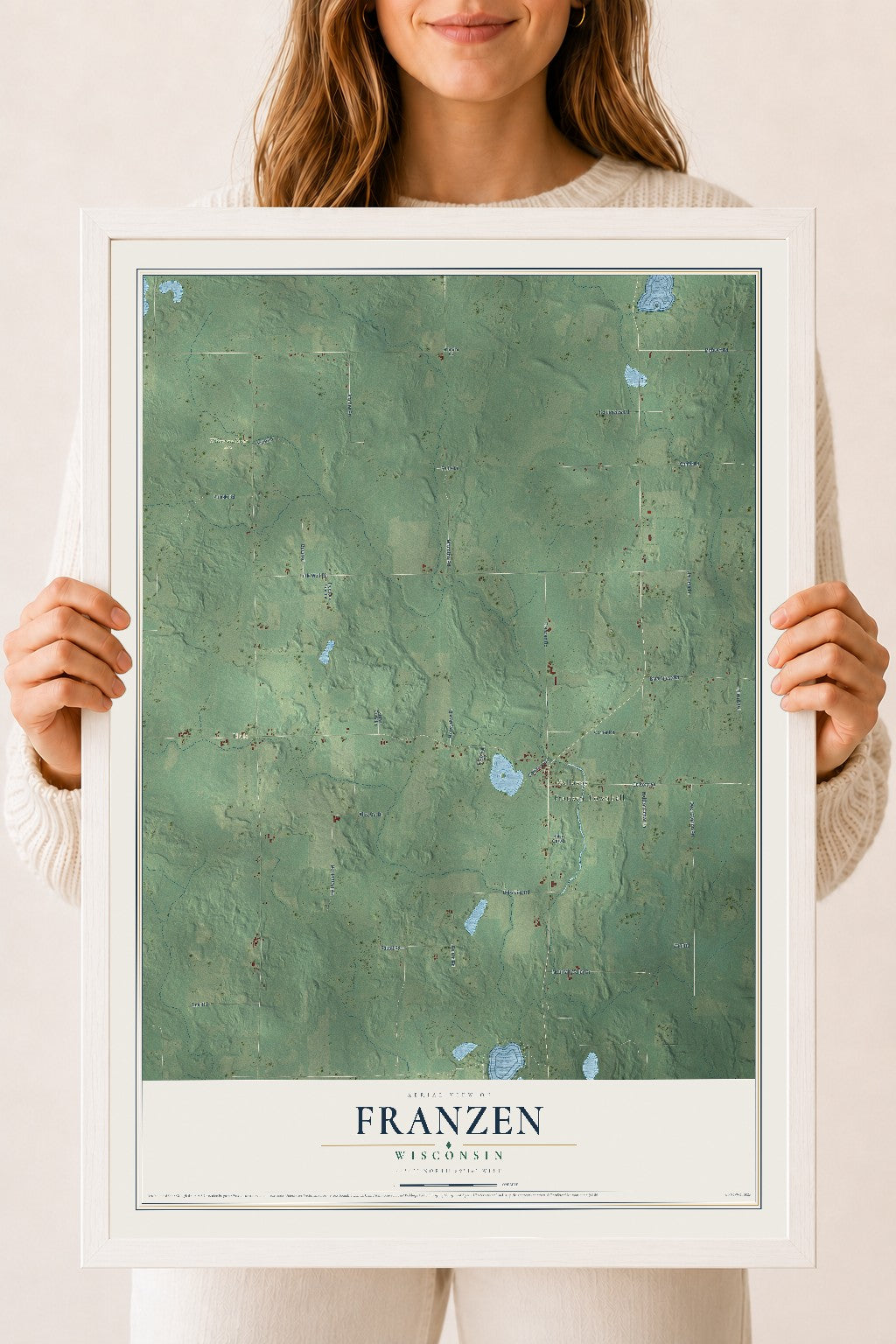 Map of Franzen, Wisconsin, 18 x 24 inch print in a white wood frame
