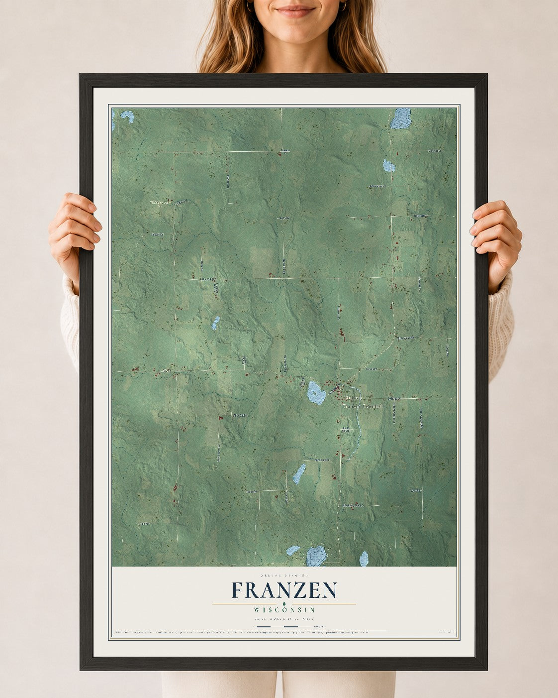 Map of Franzen, Wisconsin, 24 x 36 inch print in a black wood frame