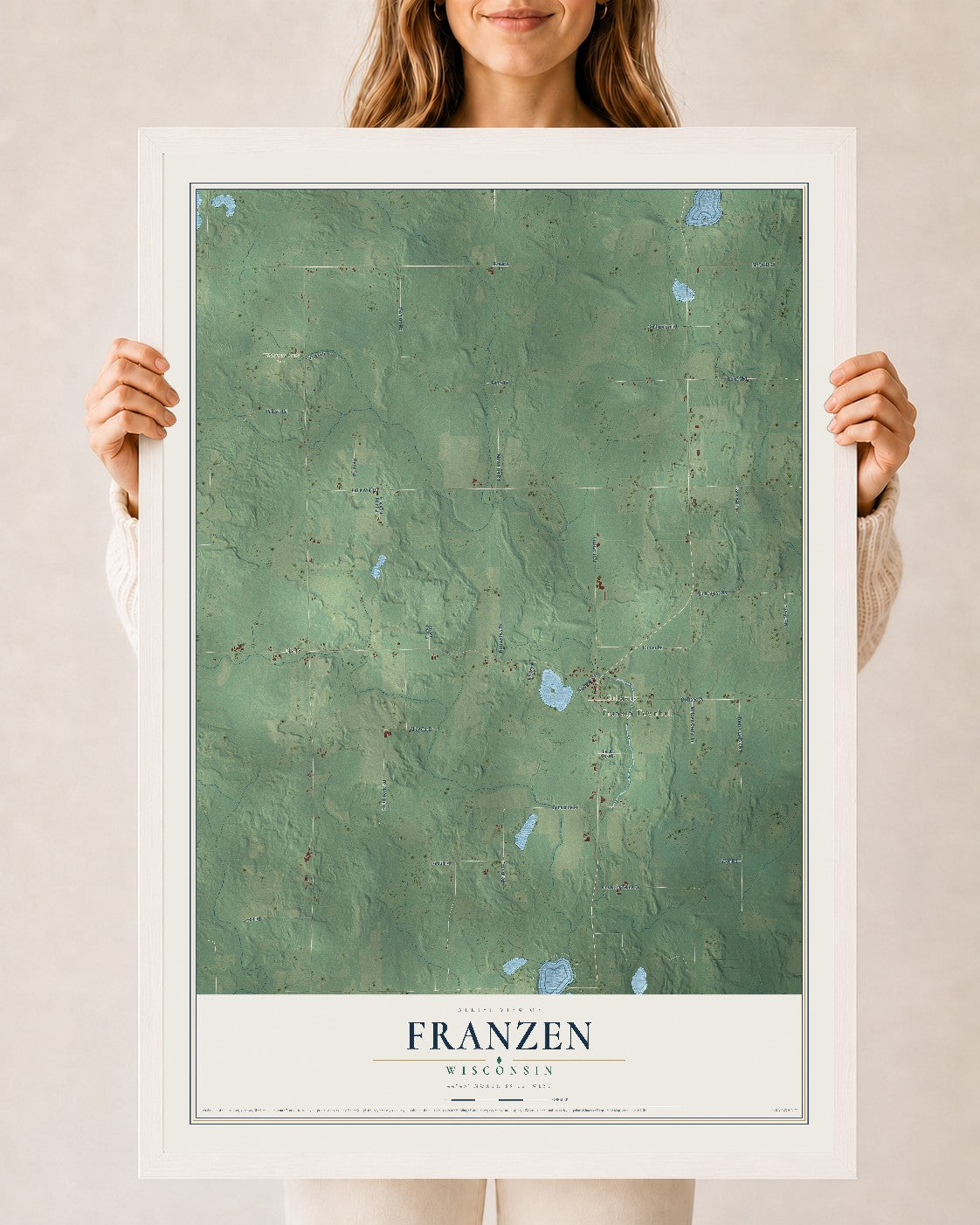 Map of Franzen, Wisconsin, 24 x 36 inch print in a white wood frame