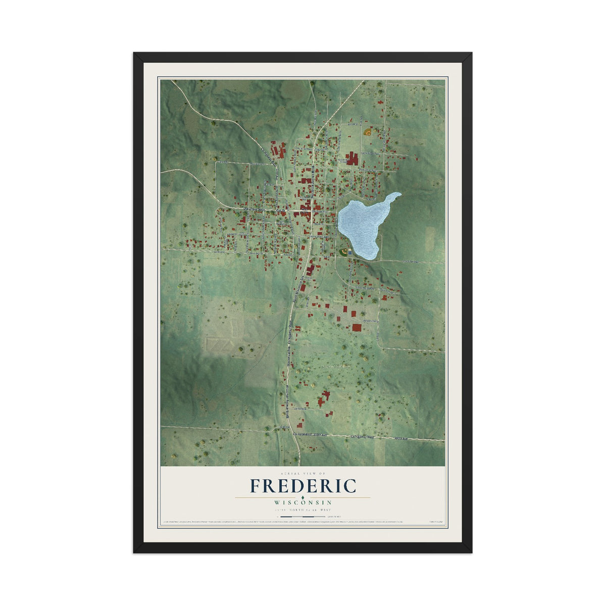 Map of Frederic, Wisconsin, 12 x 18 inch print in a black wood frame