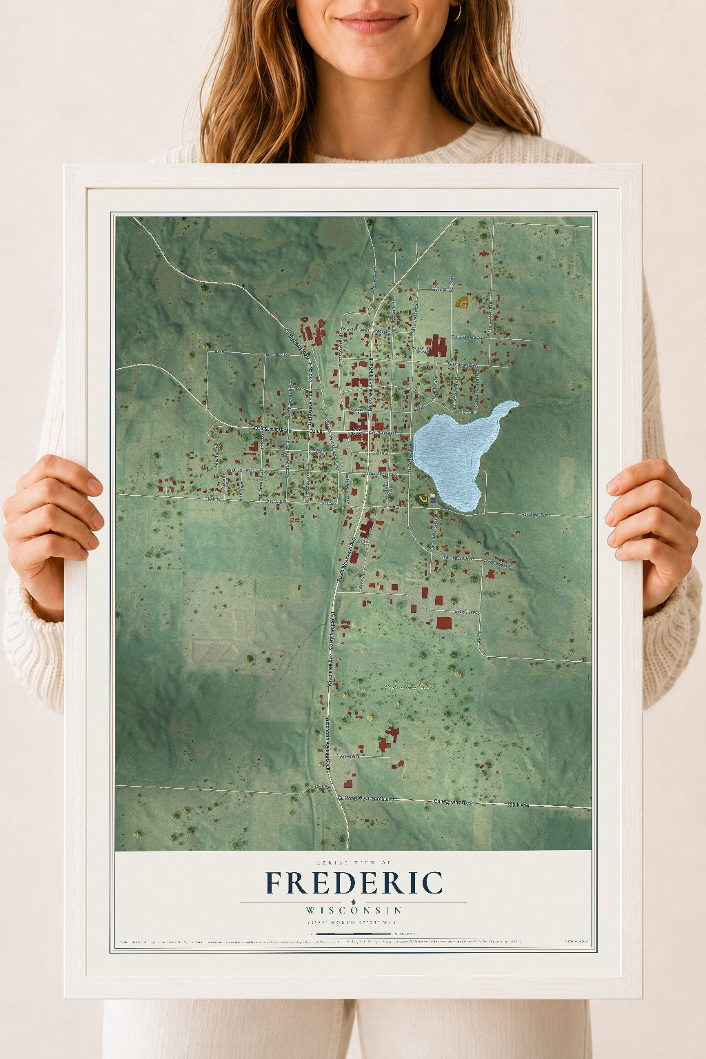 Map of Frederic, Wisconsin, 18 x 24 inch print in a white wood frame
