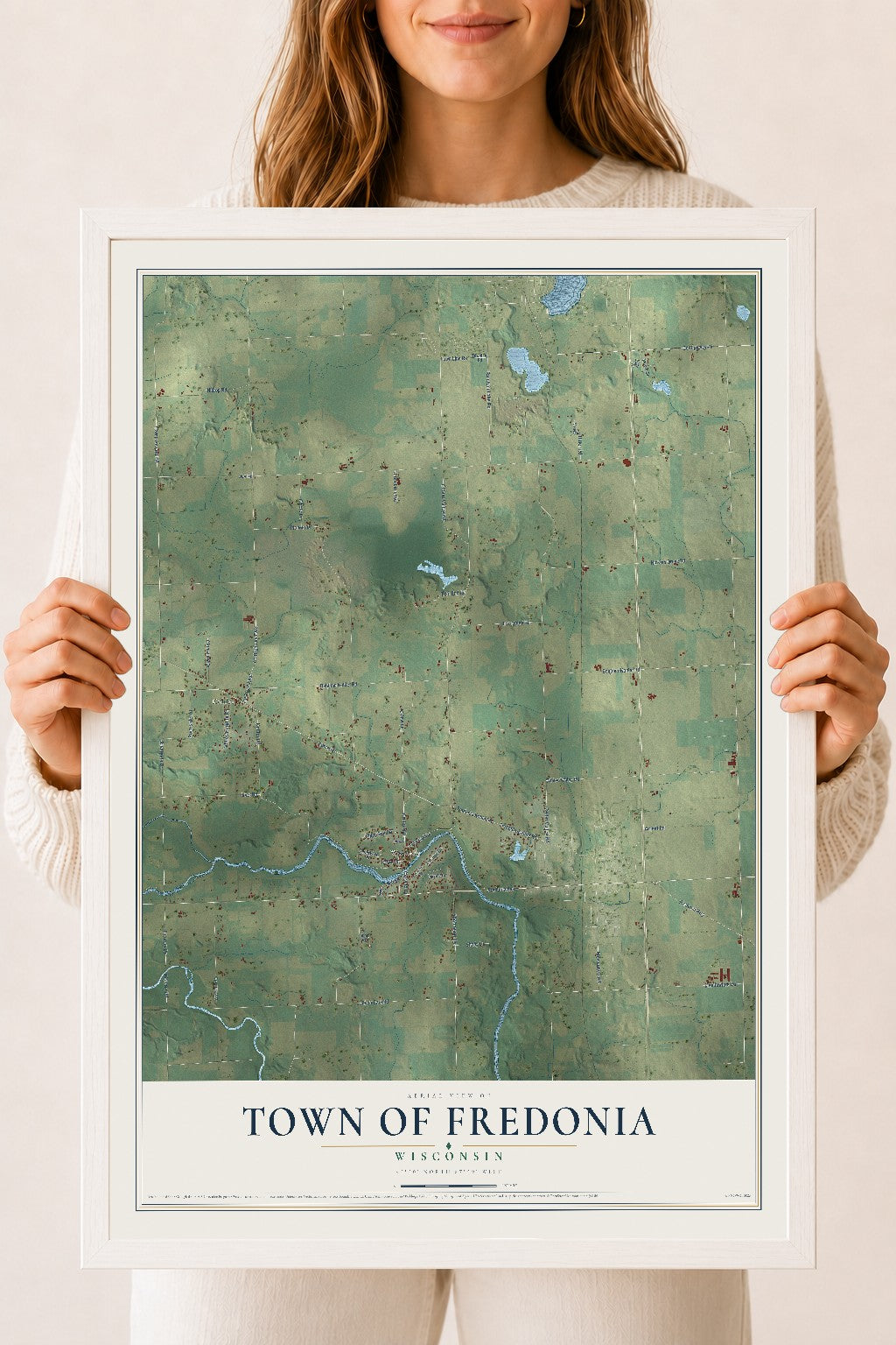 Map of the Town of Fredonia, Wisconsin, 18 x 24 inch print in a white wood frame