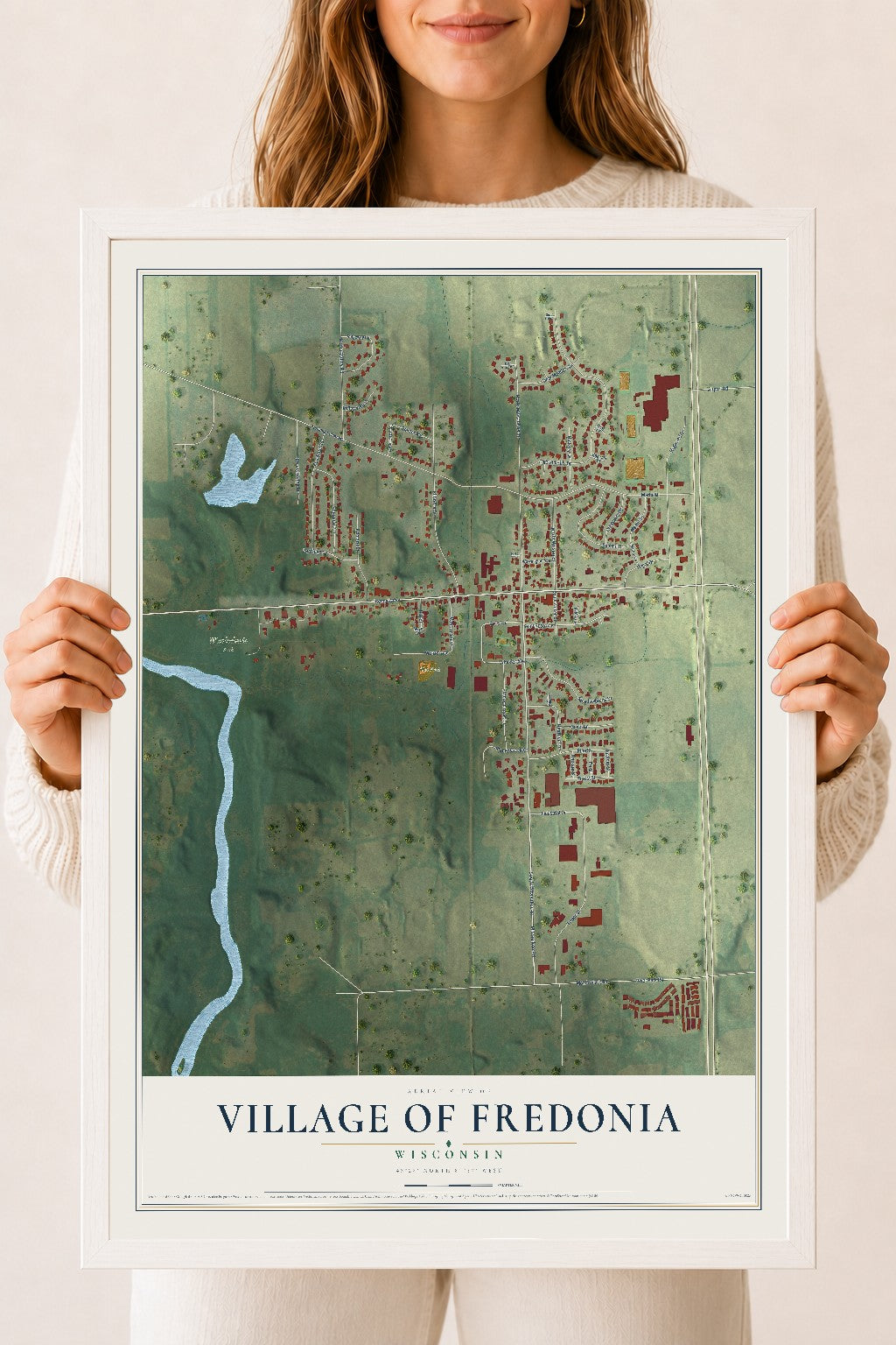 Map of Fredonia, Wisconsin, 18 x 24 inch print in a white wood frame