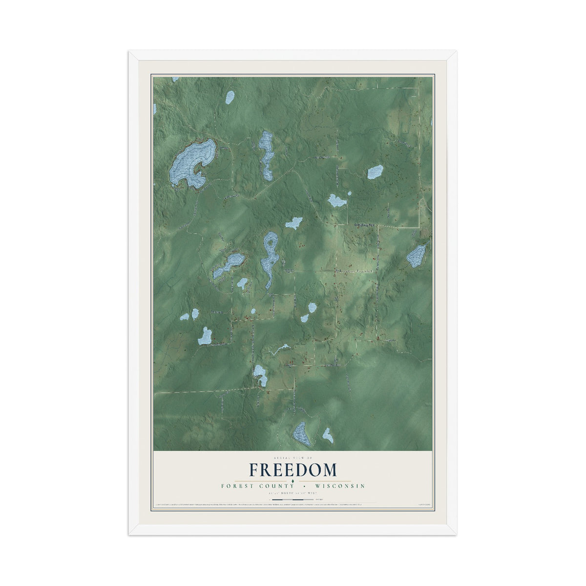 Map of Freedom, Forest County, Wisconsin, 12 x 18 inch print in a white wood frame