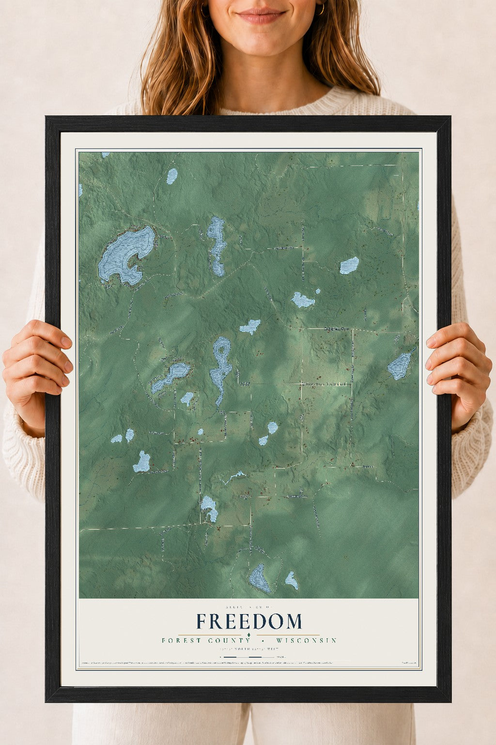 Map of Freedom, Forest County, Wisconsin, 18 x 24 inch print in a black wood frame