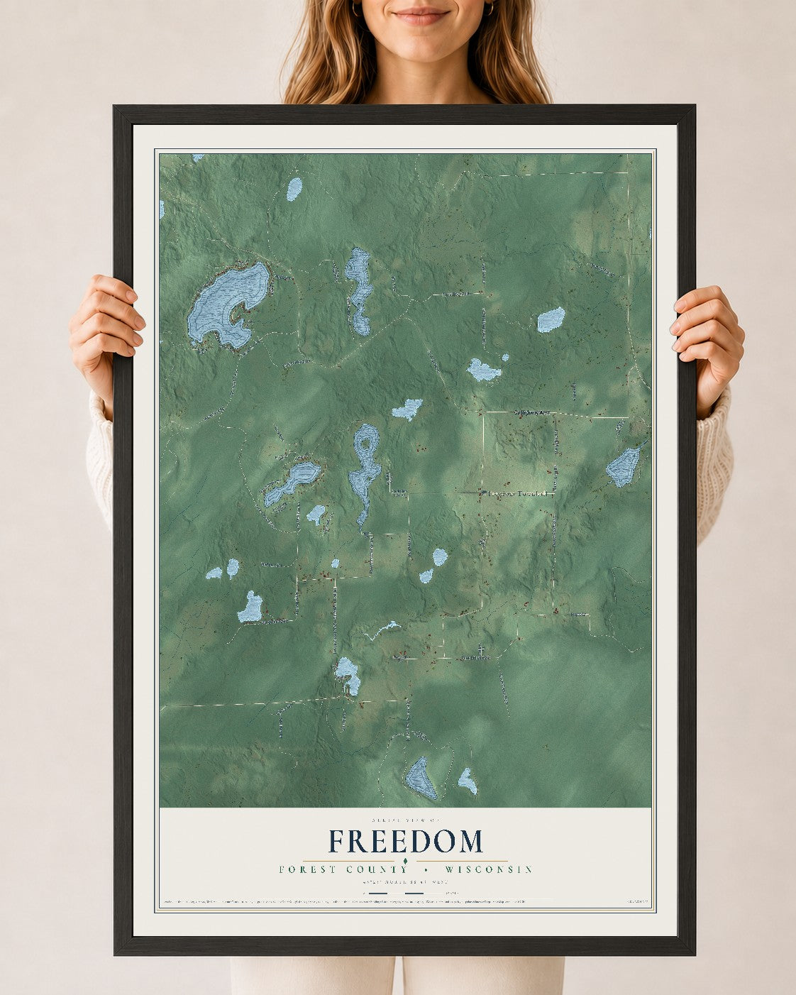 Map of Freedom, Forest County, Wisconsin, 24 x 36 inch print in a black wood frame