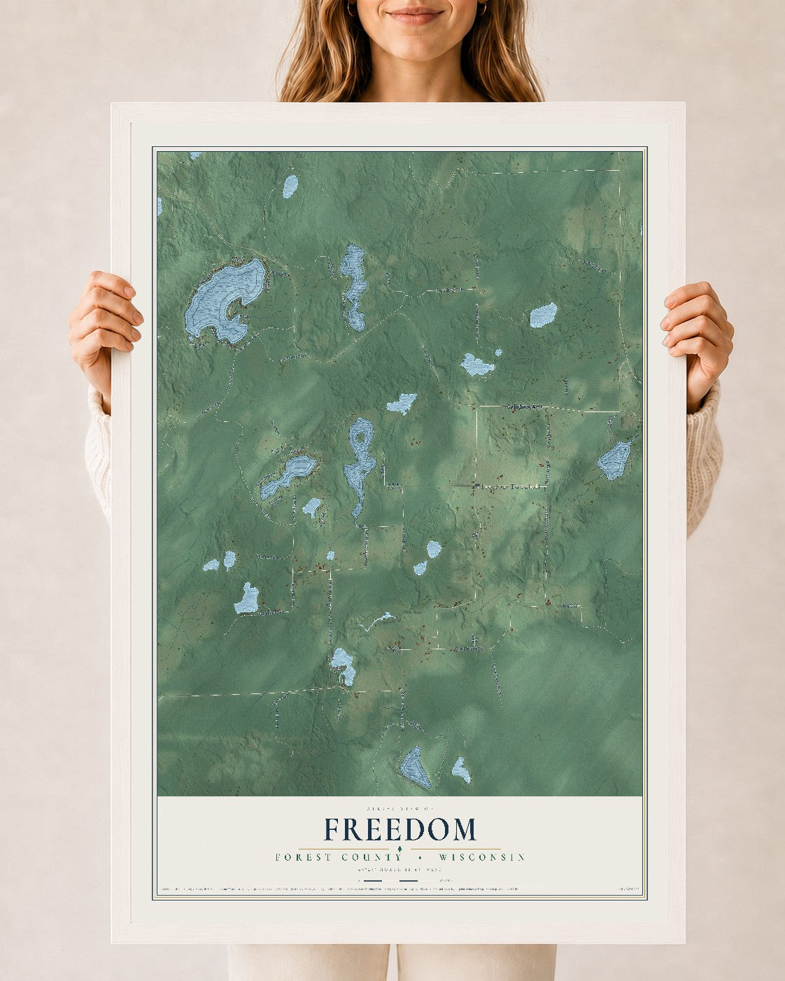 Map of Freedom, Forest County, Wisconsin, 24 x 36 inch print in a white wood frame