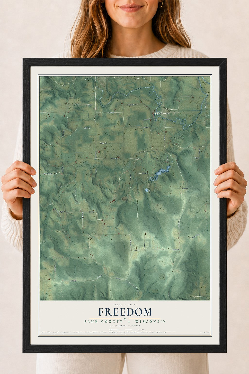 Map of Freedom, Sauk County, Wisconsin, 18 x 24 inch print in a black wood frame