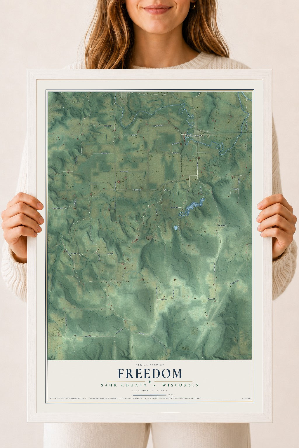 Map of Freedom, Sauk County, Wisconsin, 18 x 24 inch print in a white wood frame