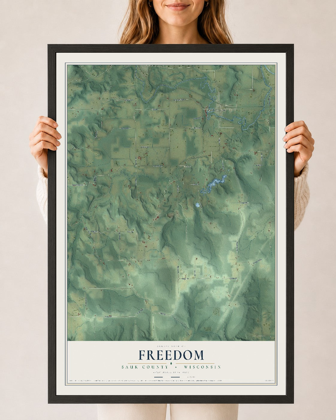 Map of Freedom, Sauk County, Wisconsin, 24 x 36 inch print in a black wood frame
