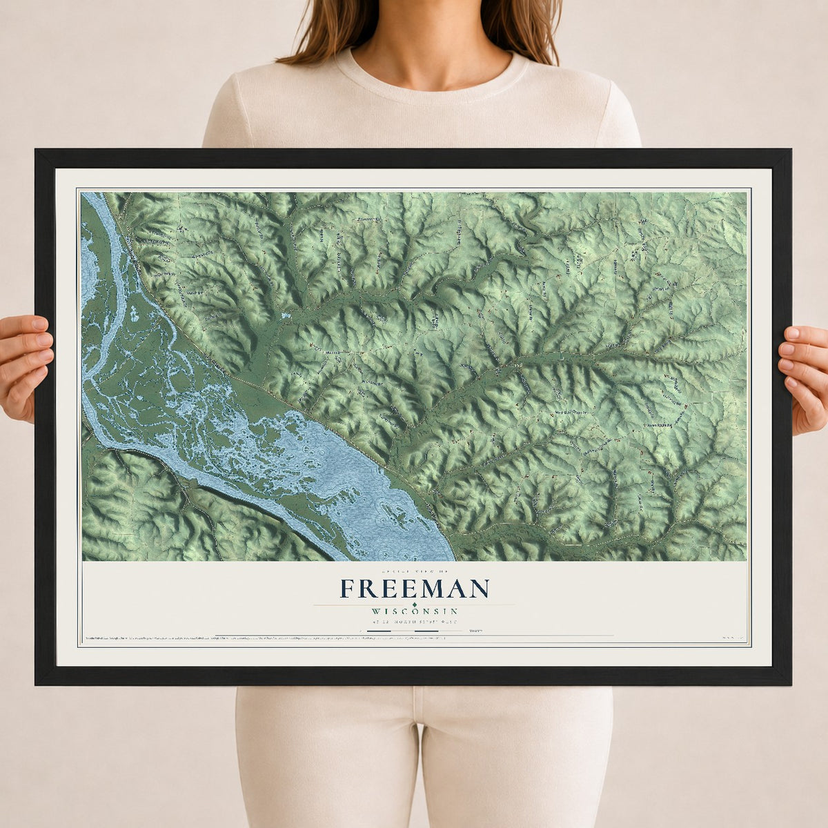 Map of Freeman, Wisconsin, 18 x 24 inch print in a black wood frame