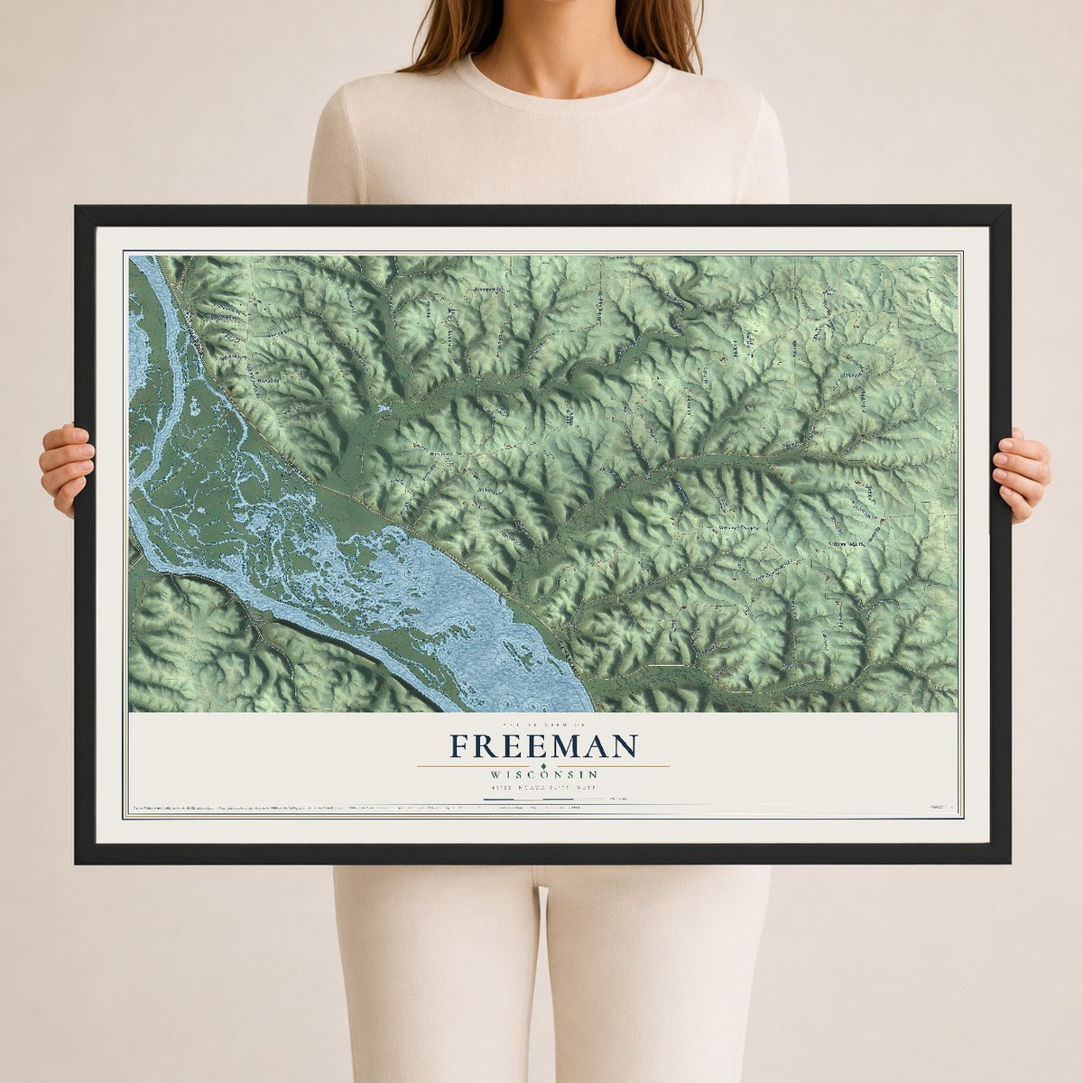 Map of Freeman, Wisconsin, 24 x 36 inch print in a black wood frame