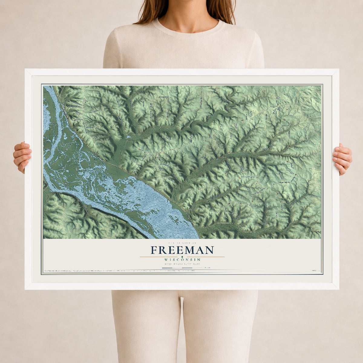 Map of Freeman, Wisconsin, 24 x 36 inch print in a white wood frame