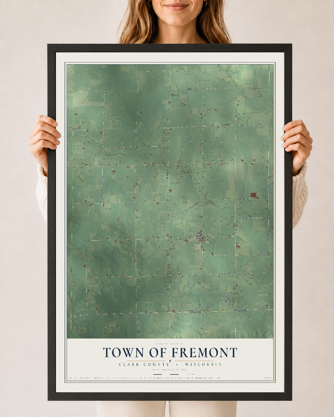 Map of the Town of Fremont, Clark County, Wisconsin, 24 x 36 inch print in a black wood frame
