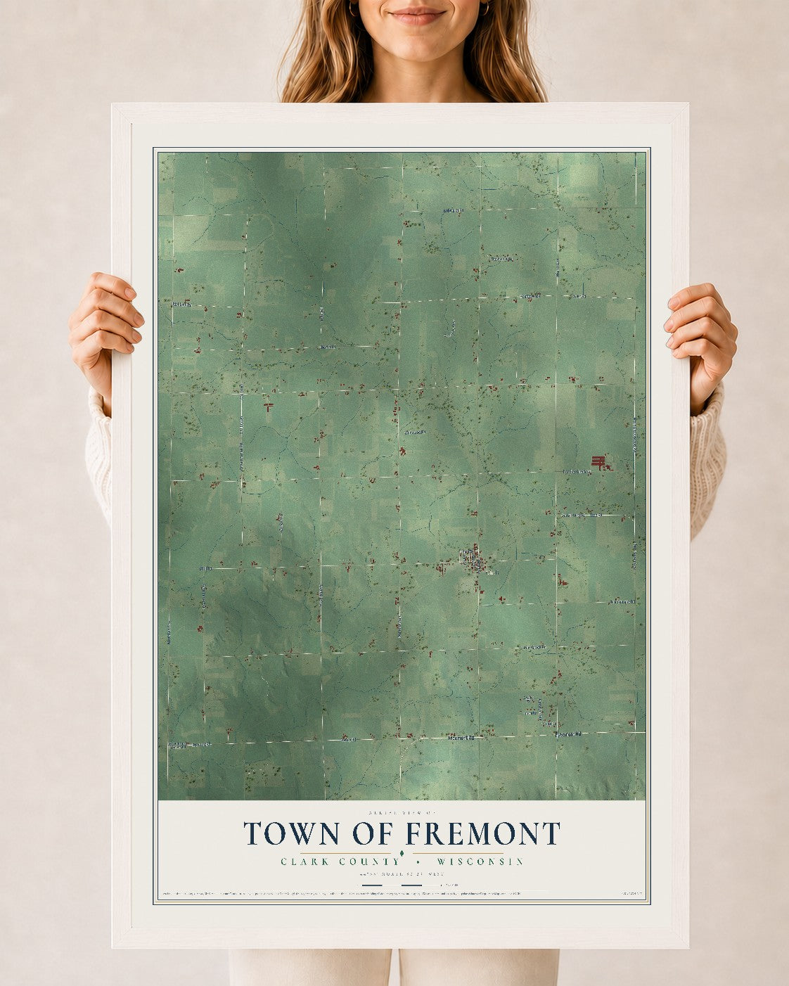 Map of the Town of Fremont, Clark County, Wisconsin, 24 x 36 inch print in a white wood frame