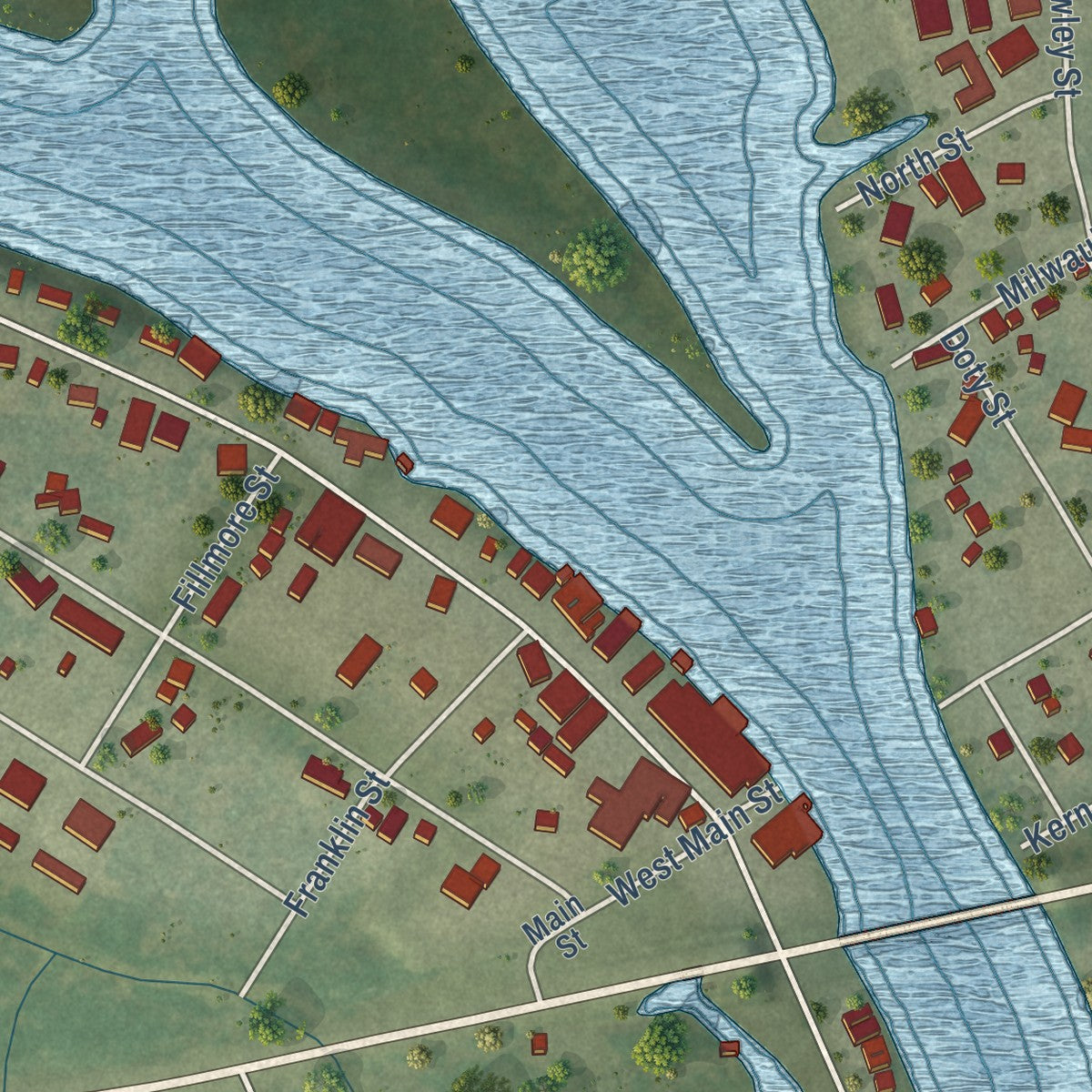 Close-up of the map of Fremont, Wisconsin print showing street and building detail