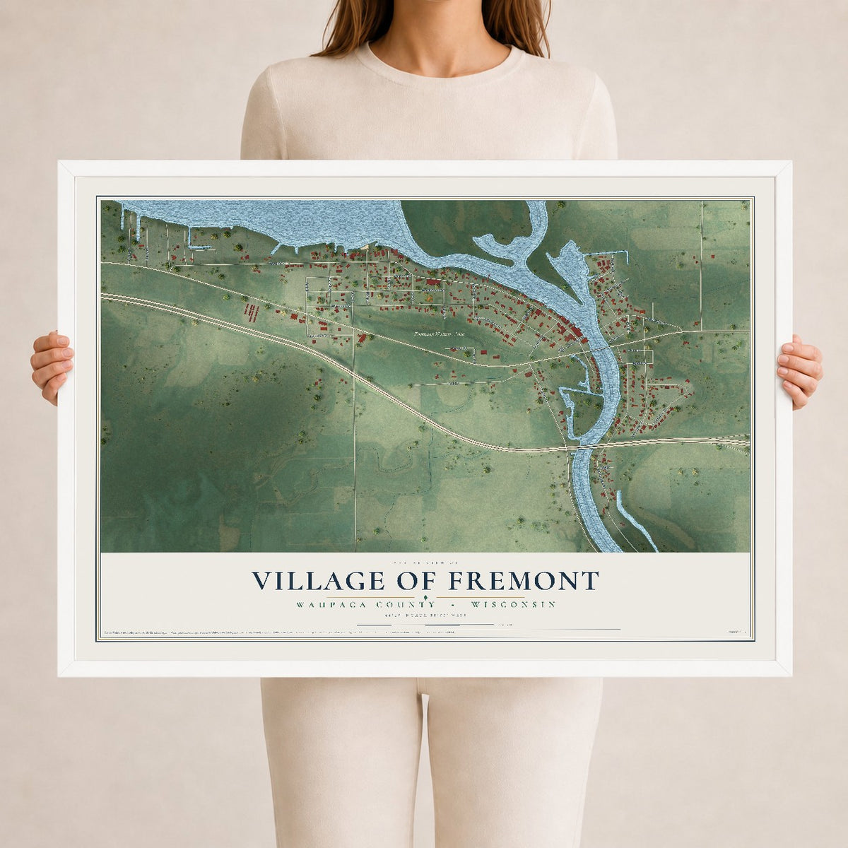 Map of Fremont, Wisconsin, 24 x 36 inch print in a white wood frame