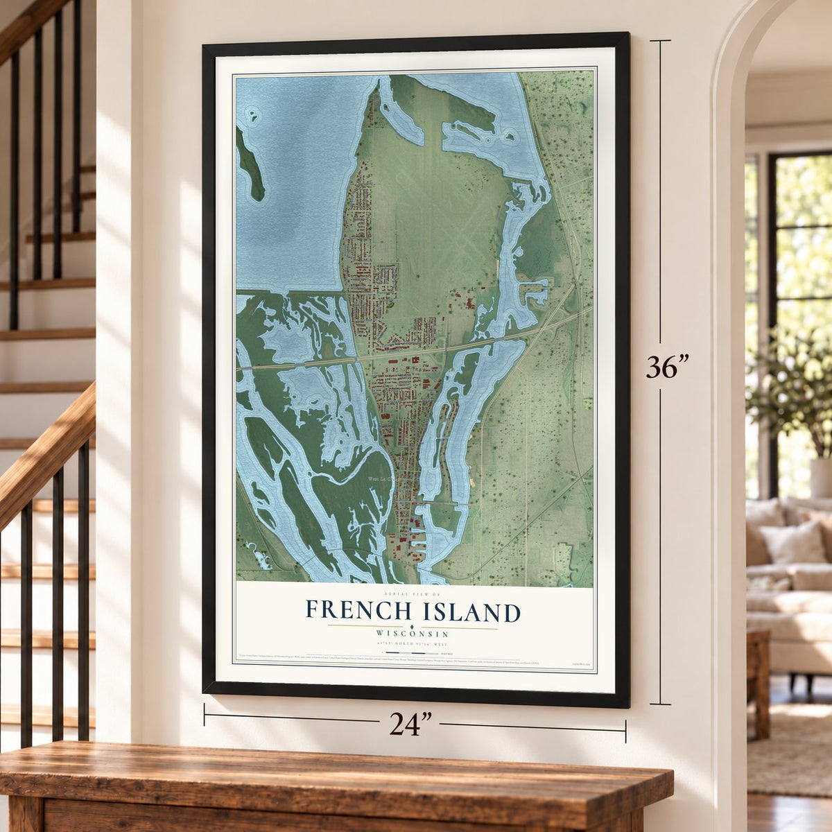 French Island, Wisconsin map, 24 x 36 inch print in a black frame by a staircase