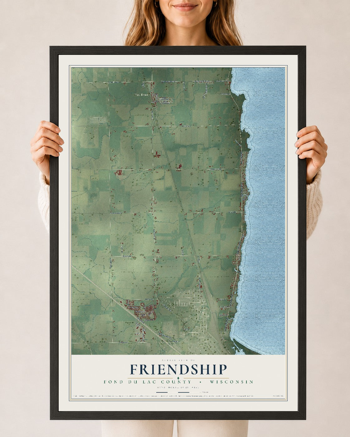 Map of Friendship, Fond du Lac County, Wisconsin, 24 x 36 inch print in a black wood frame