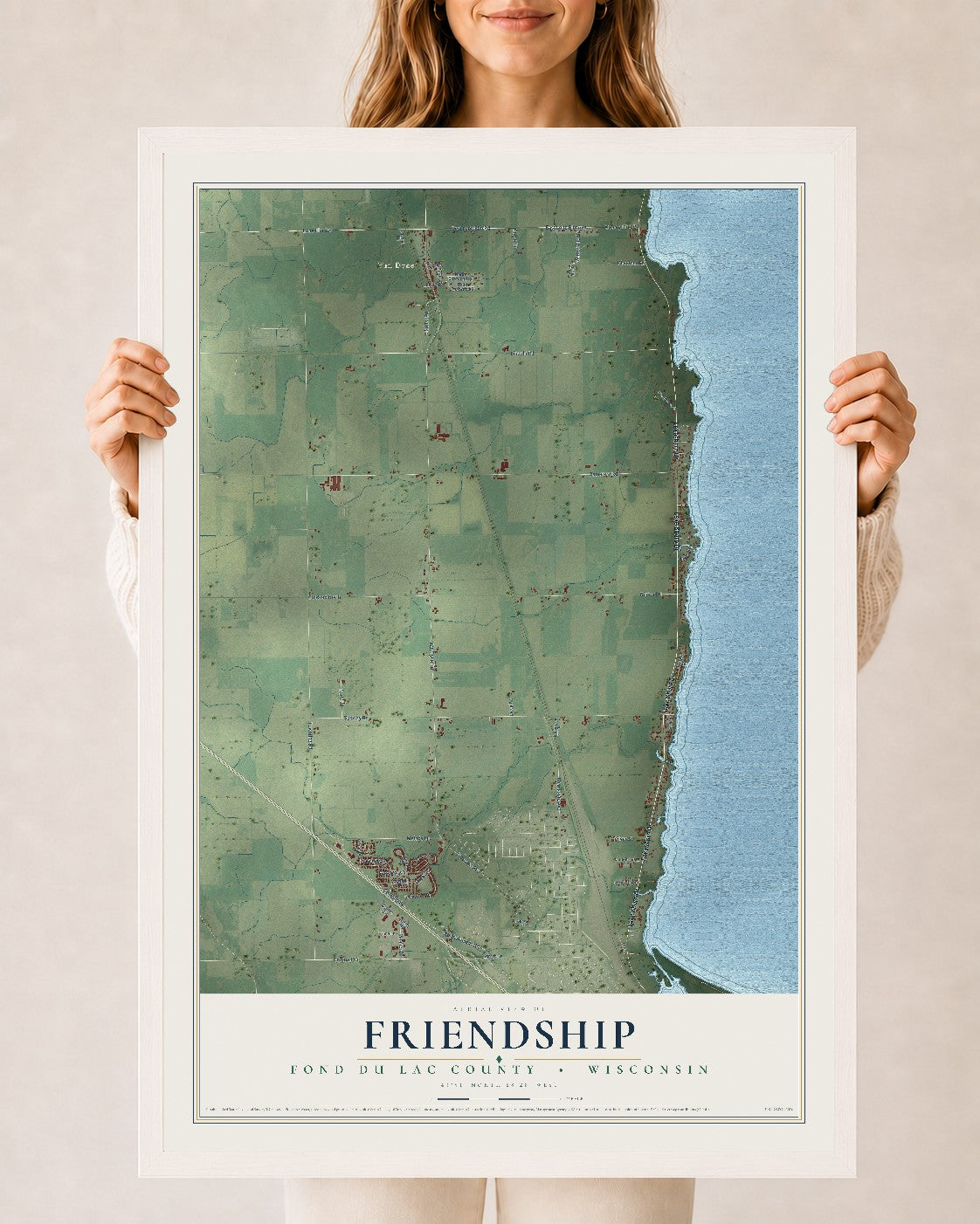 Map of Friendship, Fond du Lac County, Wisconsin, 24 x 36 inch print in a white wood frame