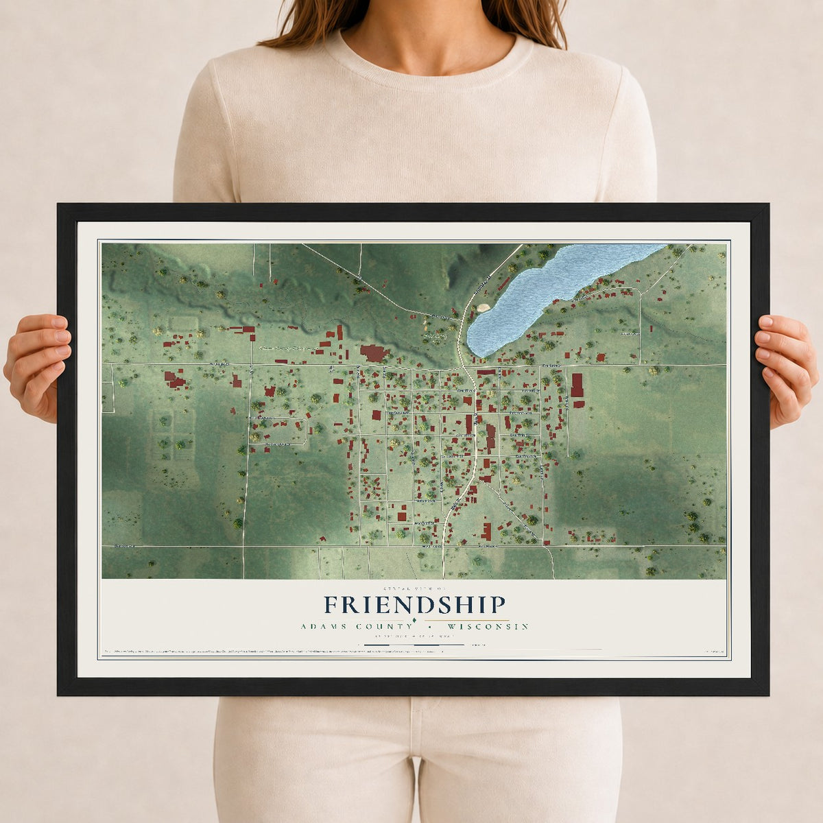 Map of Friendship, Adams County, Wisconsin, 12 x 18 inch print in a black wood frame