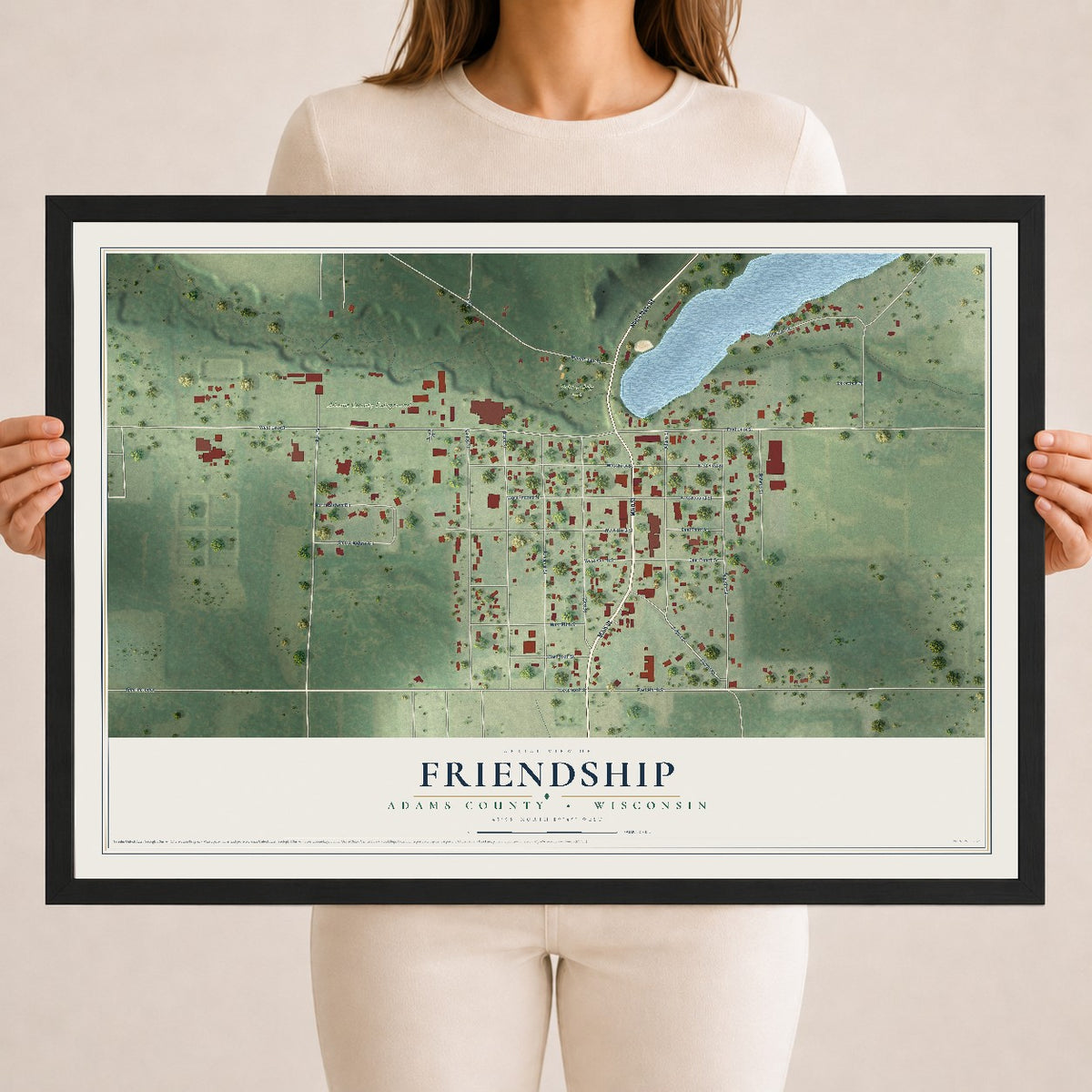 Map of Friendship, Adams County, Wisconsin, 18 x 24 inch print in a black wood frame