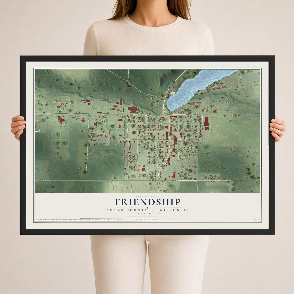 Map of Friendship, Adams County, Wisconsin, 24 x 36 inch print in a black wood frame