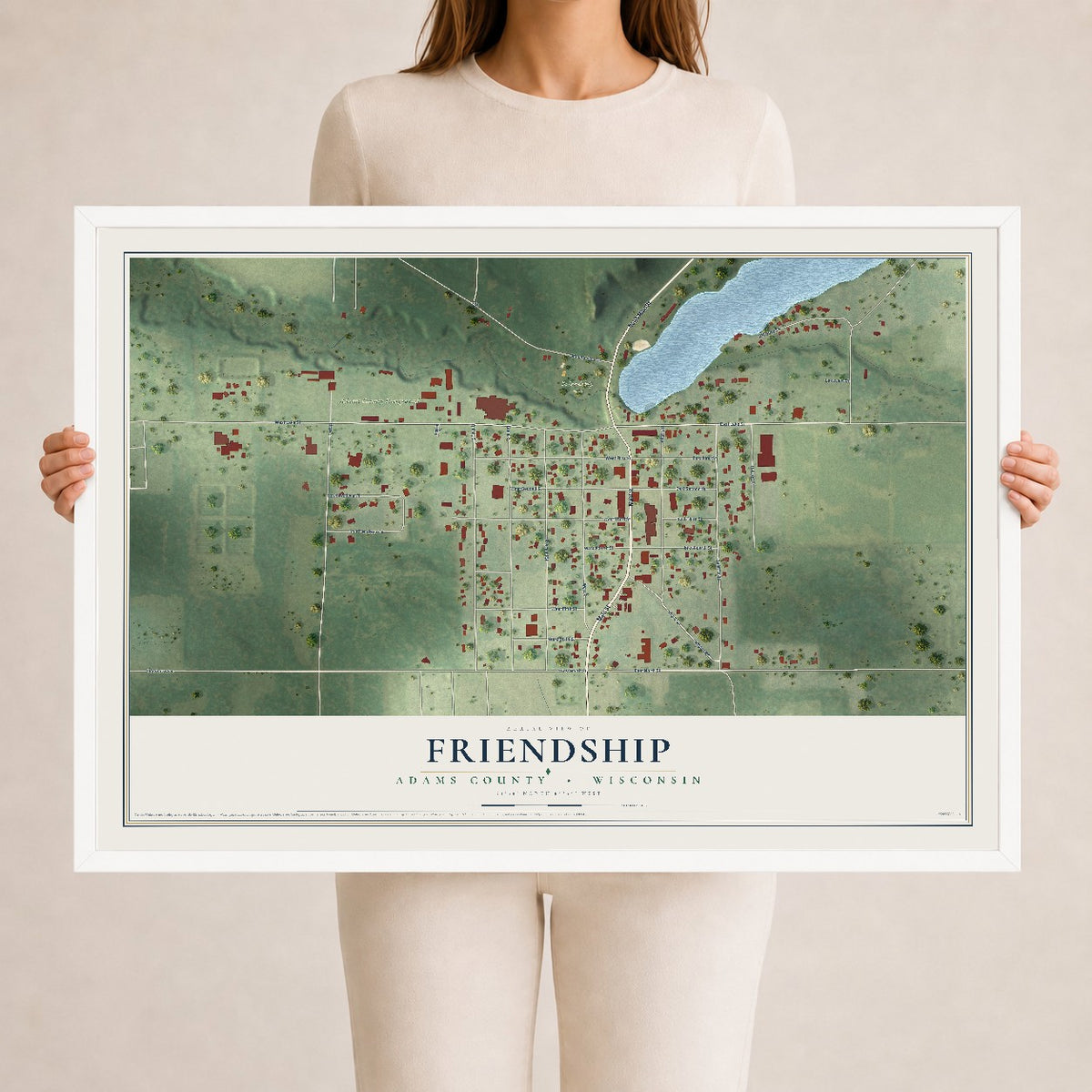 Map of Friendship, Adams County, Wisconsin, 24 x 36 inch print in a white wood frame