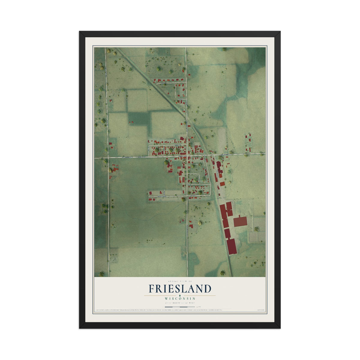 Map of Friesland, Wisconsin, 12 x 18 inch print in a black wood frame